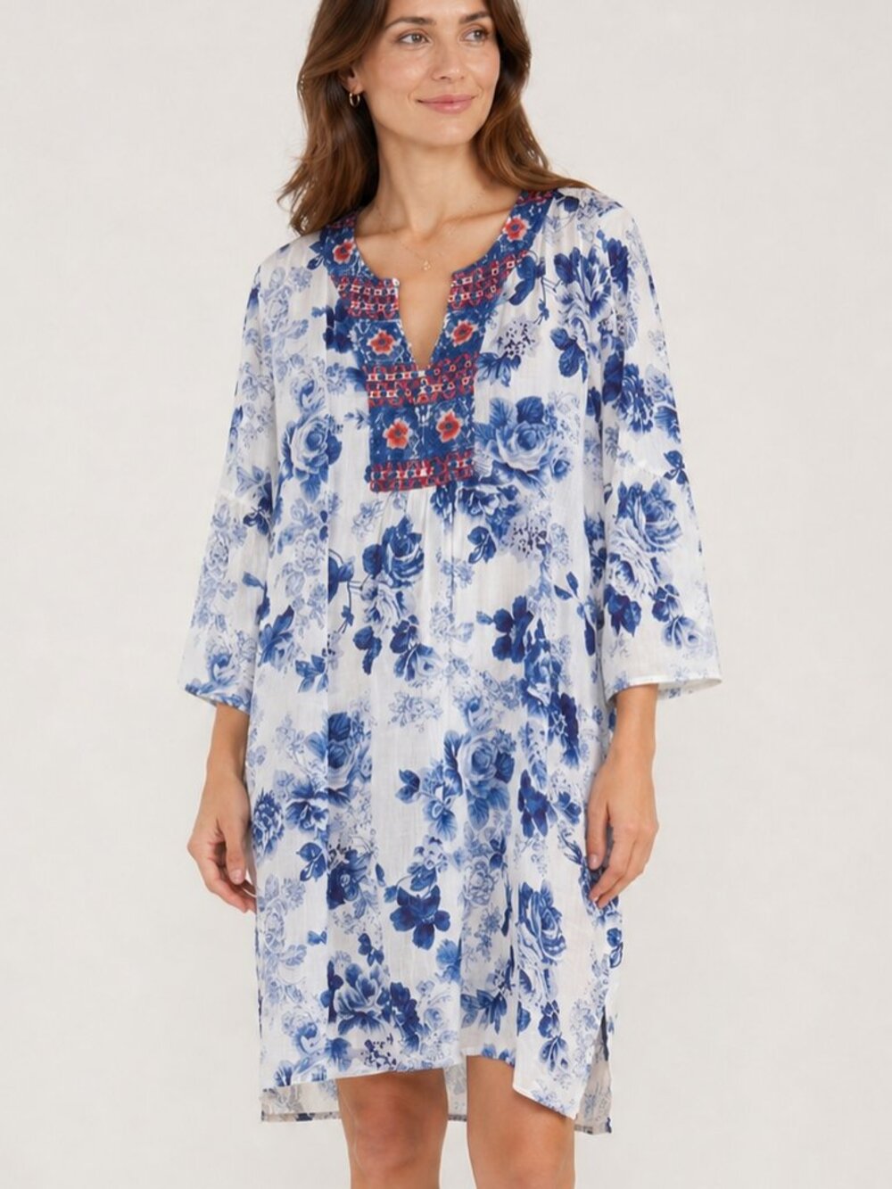 Johnny Was Workshop Blue Floral Ramie Embroidered Dress Large